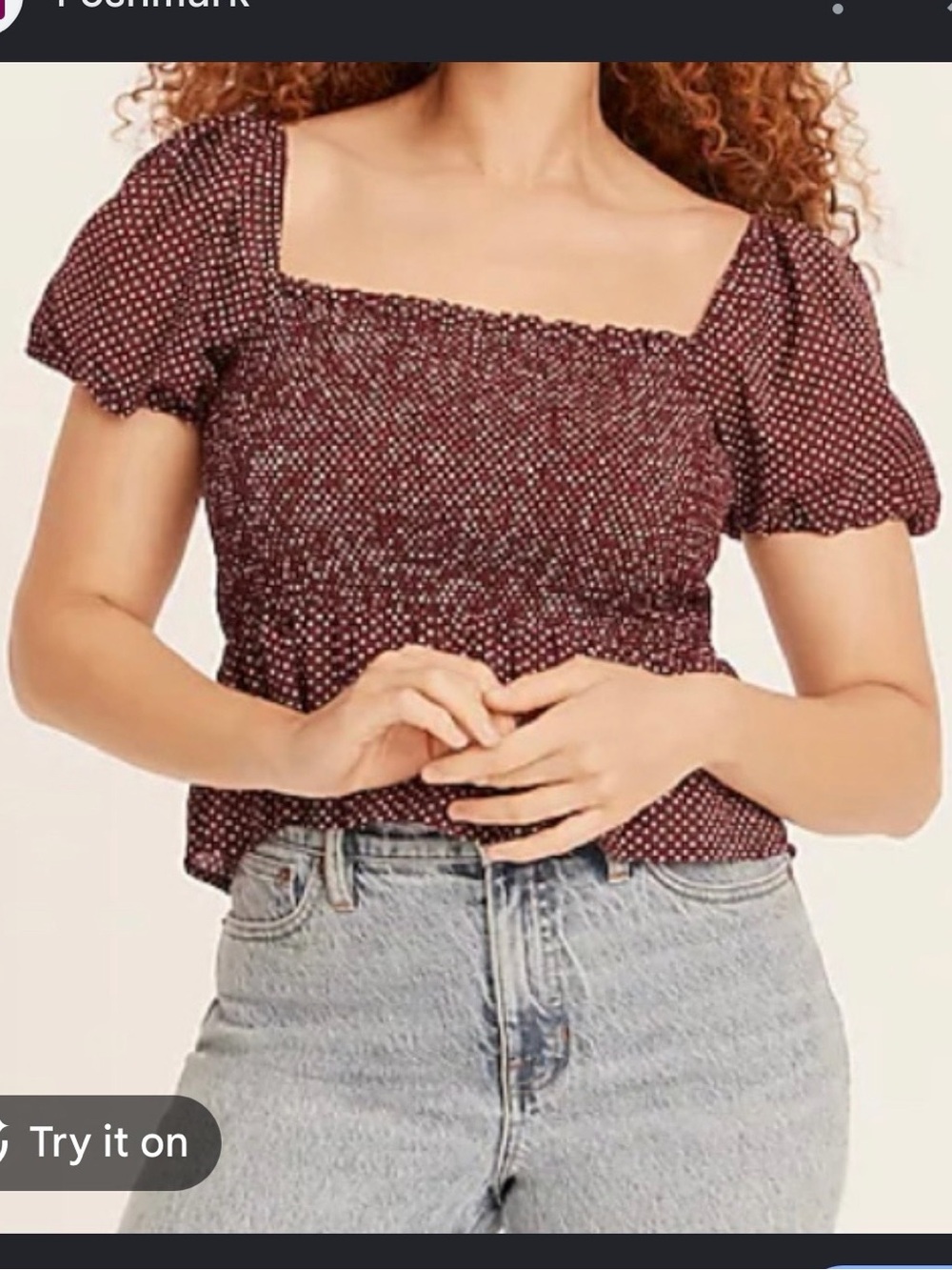 J. Crew Burgundy Floral Smocked Square-Neck Puff Sleeve Top